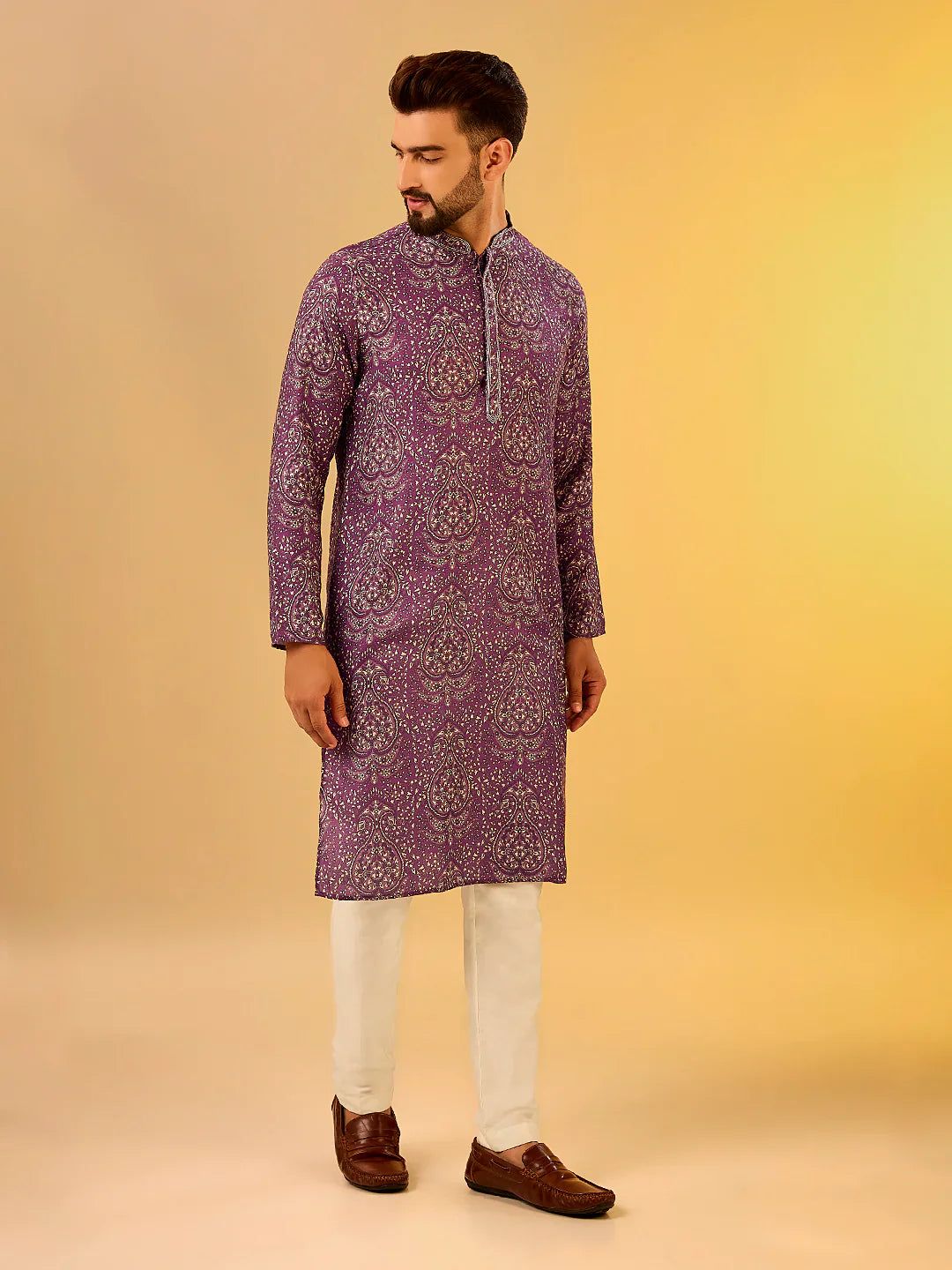 Men Burgandy Printed Kurta