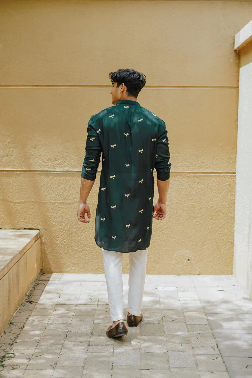 Dragonfly green Embroidery Worked  Wedding Kurta