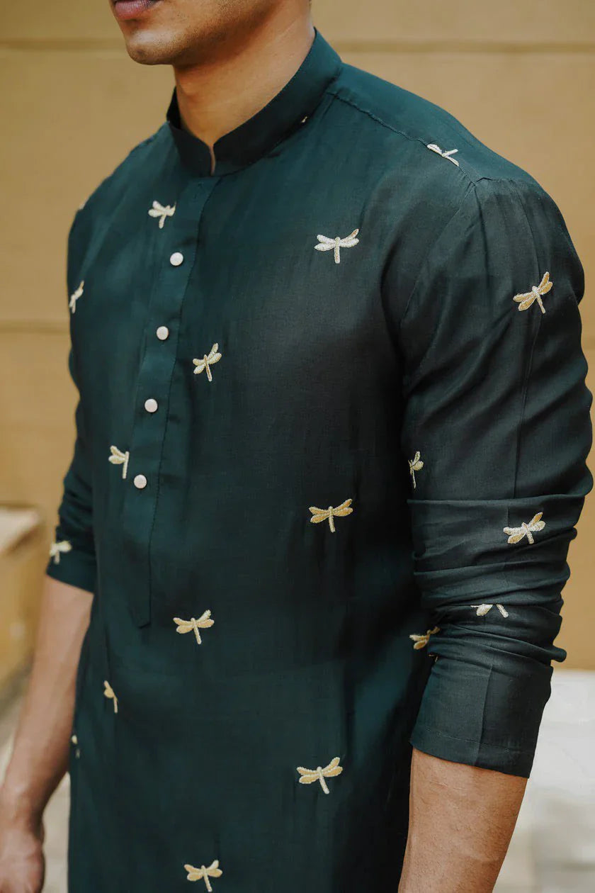 Dragonfly green Embroidery Worked  Wedding Kurta